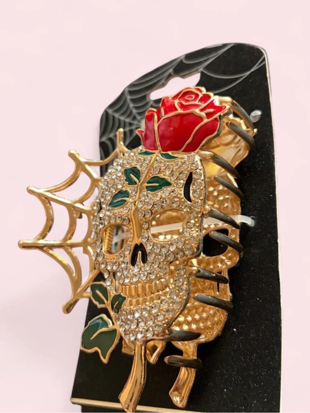 Nicole Miller Gold Skull Hair Claw with Red Rose and Green Leaves